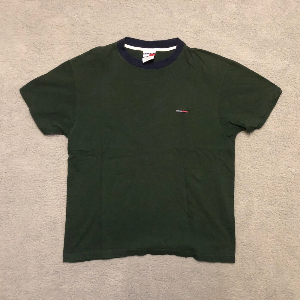 Vintage Tommy Hilfiger Tommy Jeans T-Shirt Forest Green Navy Ringer USA M‎